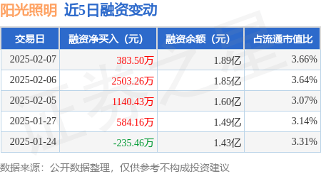 亚盈体育APP阳光照明：2月7日融资净买入3835万元连续3日累计净买入402719万元(图1)